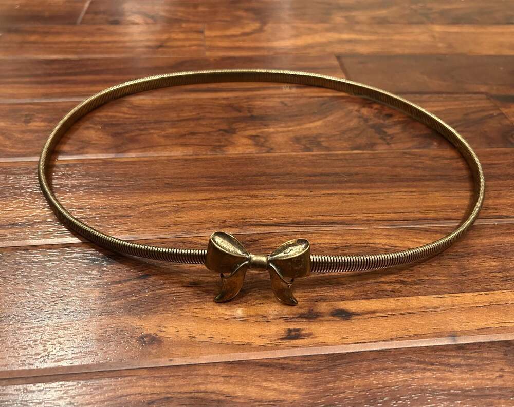 Vintage Brass Tone Bow Metal Snake Chain Stretch Belt, 33” coquette retro girly